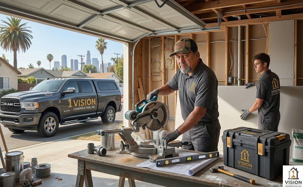 A detailed view of two 1 Vision Construction, Inc. workers in a Los Angeles garage mid-renovation, featuring a foreman at a miter saw with blueprints and a branded toolbox, and another worker holding drywall, with a company truck and the LA skyline outside.