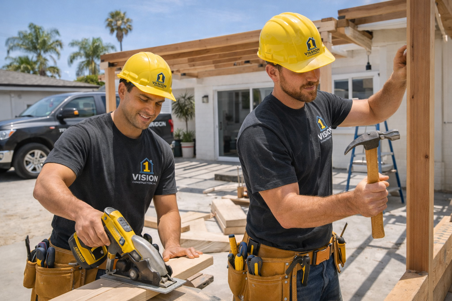 Two 1 Vision Construction workers performing general construction on a patio in Long Beach at midday