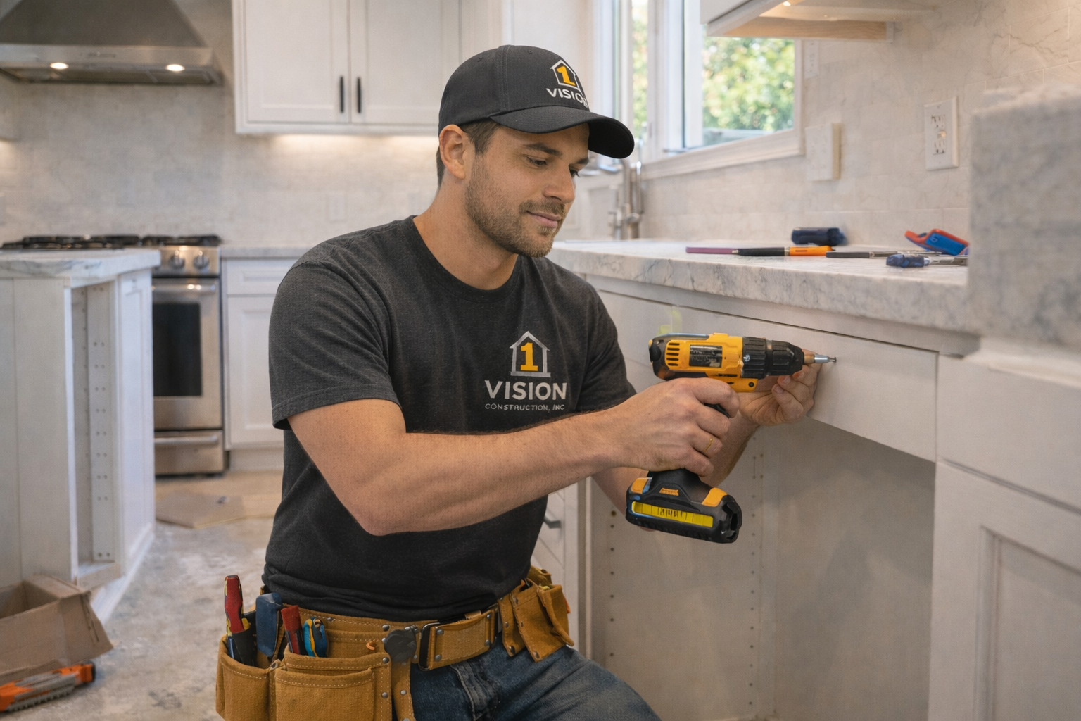 1 Vision Construction worker installing kitchen cabinetry during a remodeling project in Ventura