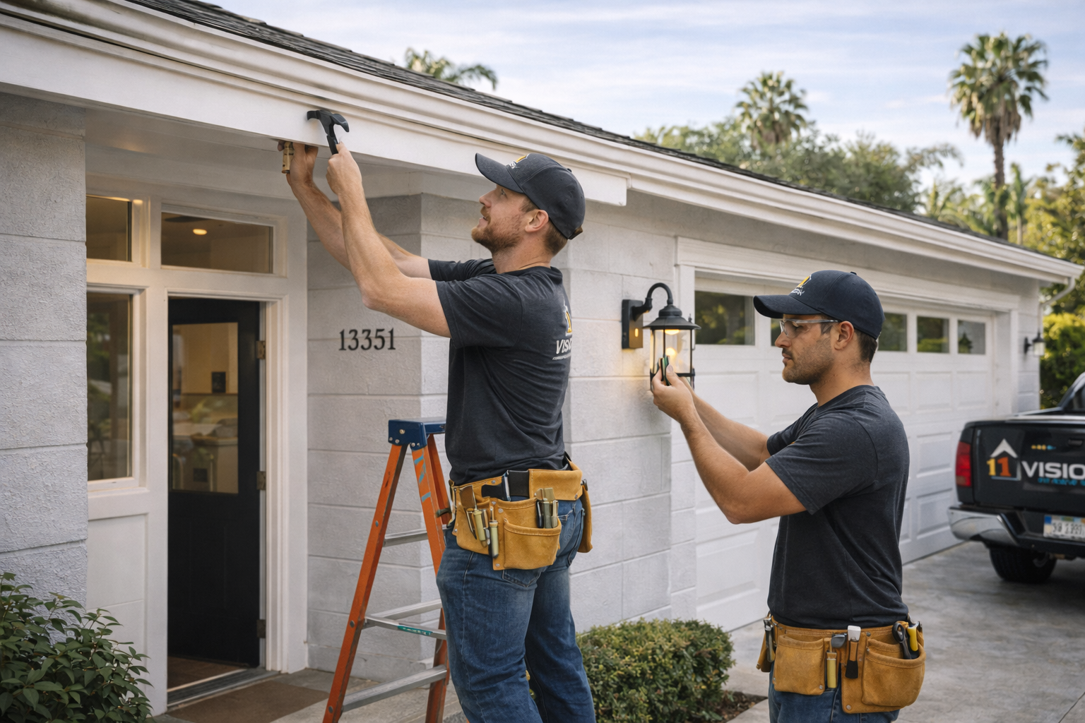 Two 1 Vision Construction workers renovating the front of a house in Encino during the afternoon
