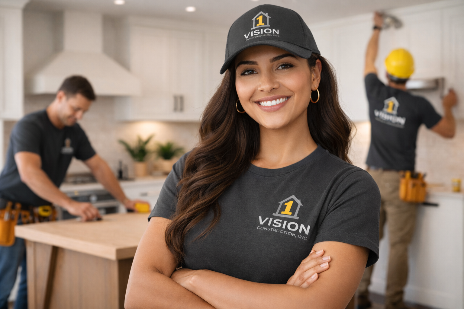 Hispanic woman wearing 1 Vision Construction uniform standing in a remodeled kitchen with two construction workers in the background